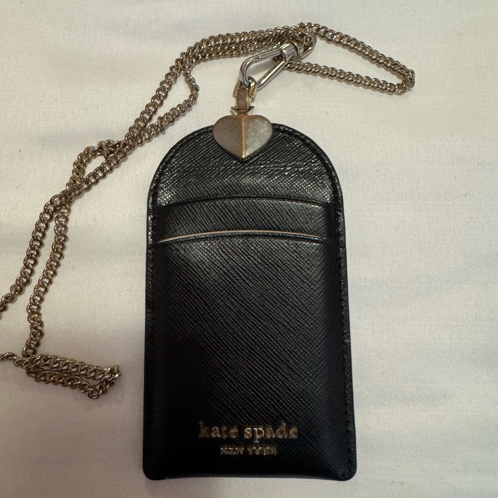 Kate Spade Black Card Holder with Gold Chain and Heart Accent